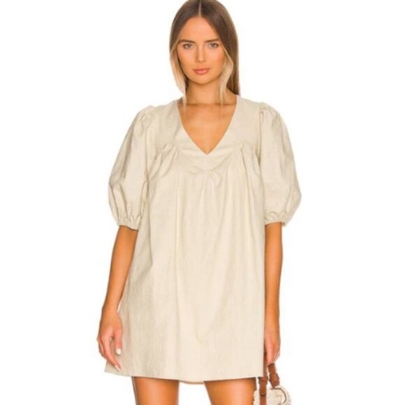 Tularosa Sydney Sandstone Puff Sleeve Mini Dress Open Back Tie Detail A-Line Sma - Picture 1 of 9